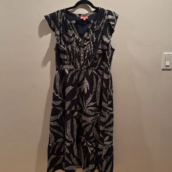 THML Navy Leaf Print Midi Dress XL - Picture 2 of 8